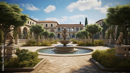 Grand Italian villa courtyard with stone fountains manicured hedges and covered loggias with frescoes.