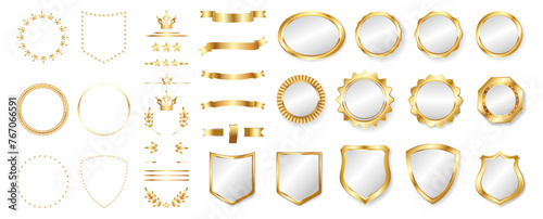 Victory medal awarded, golden ribbons and certificate labels. Vector trophy award banners, prize winner certificates, champion prizes sign with laurel branches, gold crown and badge banners © Sensvector