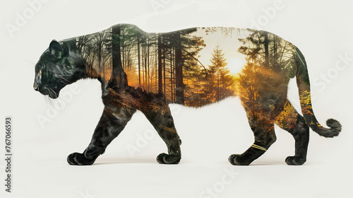 Double exposure effect of a walking black panther with a bamboo forest isolated on a white background
