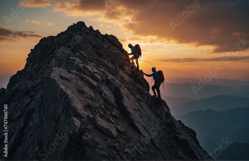 Climbers helping each other summit a mountain - Success Concept - Teamwork Concept 