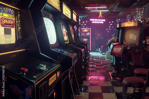 Retro Arcade Room Illuminated with Neon Lights
