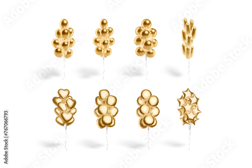 Blank gold balloon bouquet mockup, isolated, different shapes