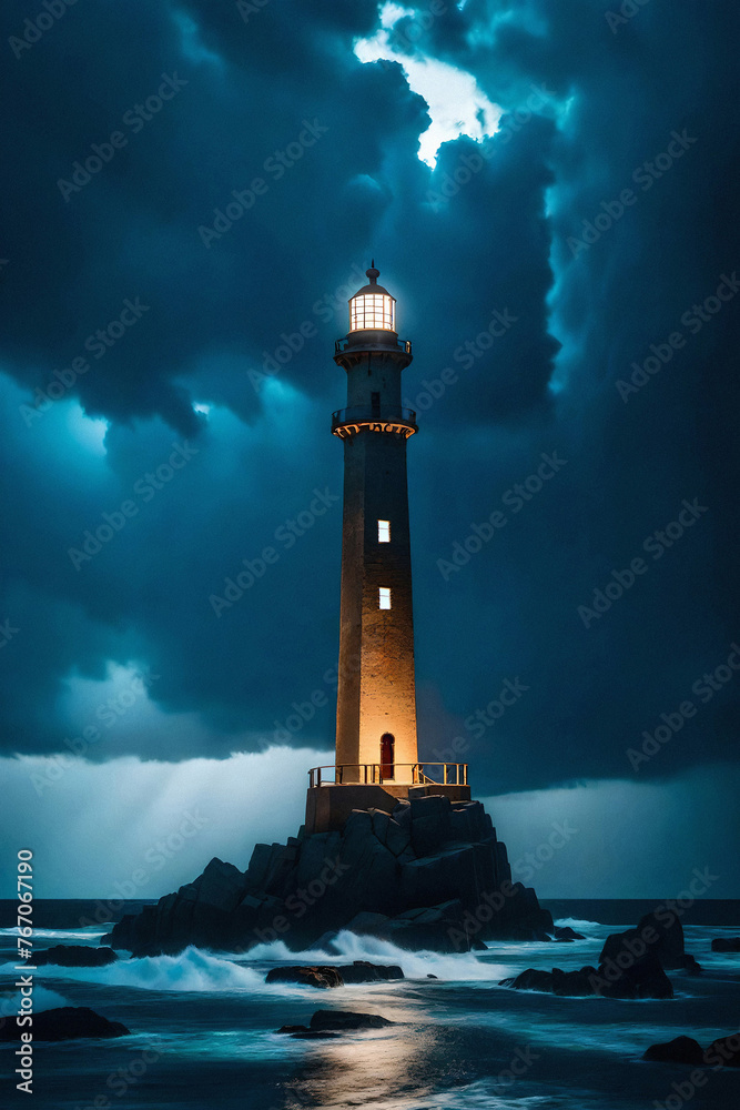 lighthouse at night with stormy sky