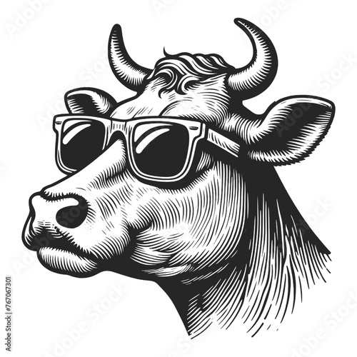 Stylish cow with sunglasses sketch engraving generative ai fictional character vector illustration. Scratch board imitation. Black and white image. T-shirt apparel design