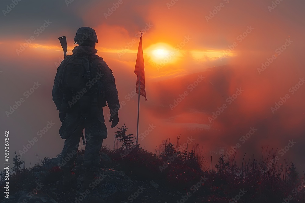 Man Standing on Top of Mountain Next to Flag Man Standing on Top of Mountain Next to Flag