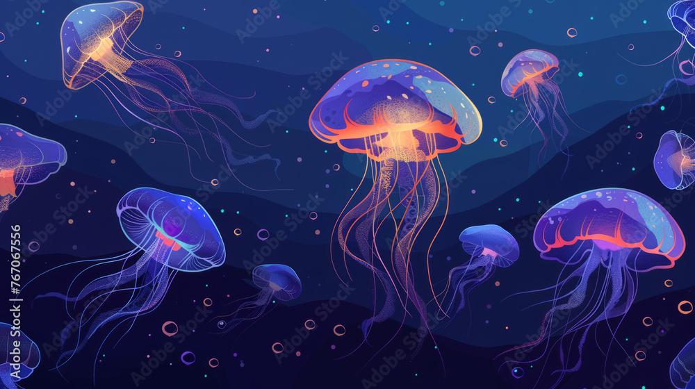 Naklejka premium Group of luminescent glowing jelly fish floating in the deep sea