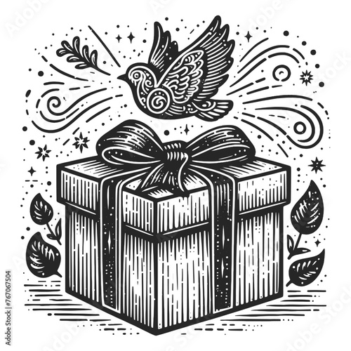 Christmas gift box adorned with a botanical arrangement, surrounded by citrus fruits and spices, sketch engraving generative ai vector illustration. Scratch board imitation. Black and white image.