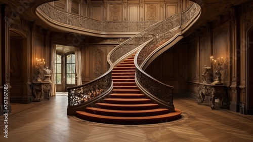 Grand two-story French ch  teau oval stair hall with intricately carved balustrades and herringbone parquet floors.