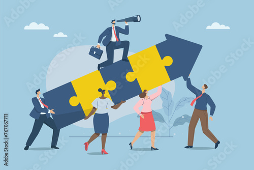 The growth of a company or organization with a far vision, Business people working together to complete jigsaw puzzle with unity, Team building and business concept. Vector design illustration.