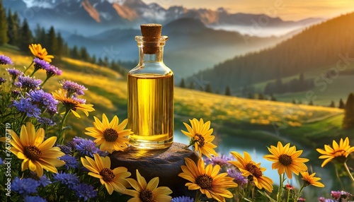 bottle of oil with flowers