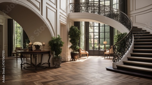 Grand two-story French chateau entry hall with herringbone parquet floors wrought iron railings and dramatic curved staircase.