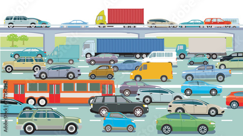 Personenwagen und Lastwagen auf der Autobahn  Illustration photo