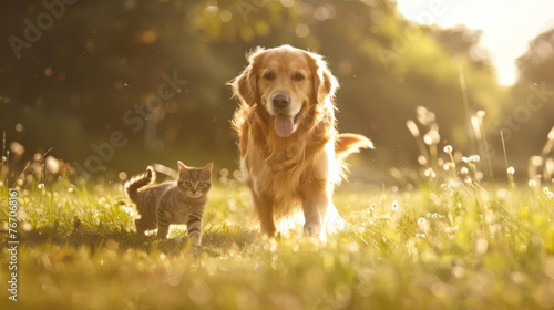 Happy golden retriever dog walking with a cute cat on a green field with natural sunlight