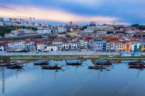 Vila Nova de Gaia, Portugal, on the Douro River across from Porto during a beautiful sunrise
