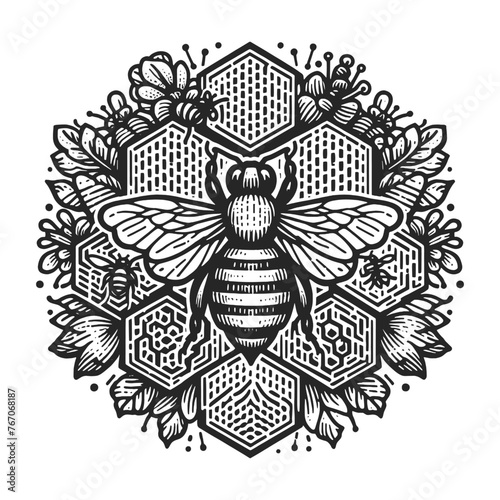Honeybee bee and Honeycomb Botanical sketch engraving generative ai vector illustration. Scratch board imitation. Black and white image.