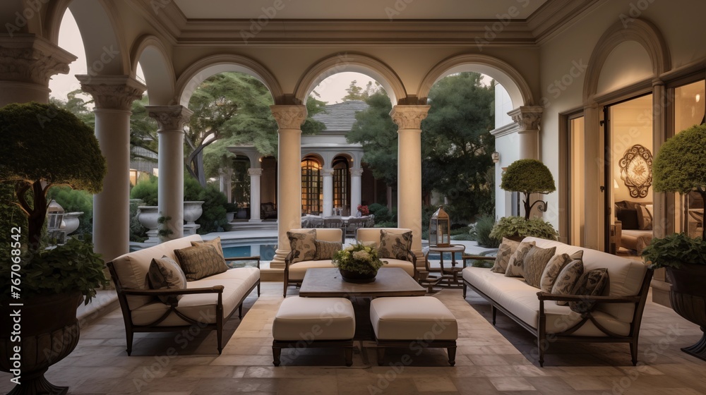 Fototapeta premium Grand two-story Mediterranean loggia with domed brick ceilings stone columns central fountain and lavish outdoor living rooms.