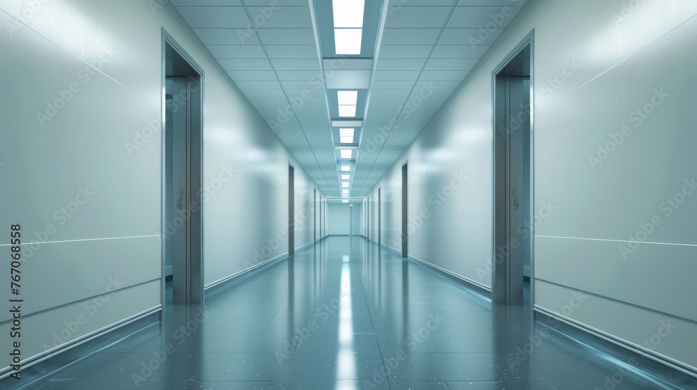 Hospital corridor floor with rooms background, empty space scene Hospital corridor floor with rooms background, empty space scene