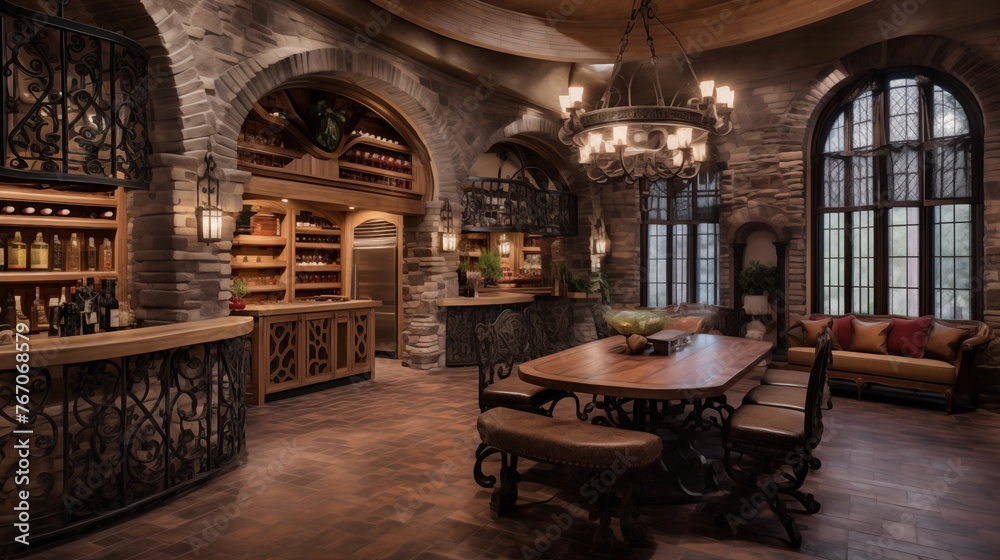 Grand two-story Tuscan style wine tasting room and cellar with vaulted ...