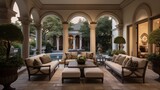 Grand two-story Mediterranean loggia with domed brick ceilings stone columns central fountain and lavish outdoor living rooms.