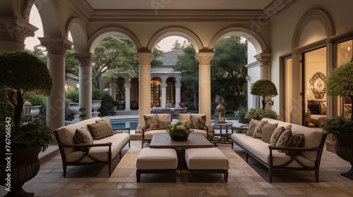 Grand two-story Mediterranean loggia with domed brick ceilings stone columns central fountain and lavish outdoor living rooms. © Aeman