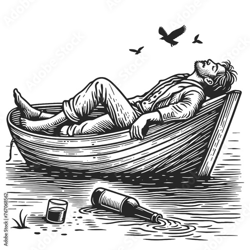 Drunk man reclining peacefully in a rowboat, with a bottle sketch engraving generative ai fictional character vector illustration. Scratch board imitation. Black and white image.