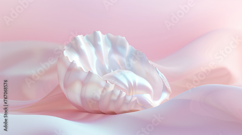 A delicate seashell lies on flowing soft pink and white fabric, symbolizing tranquility
