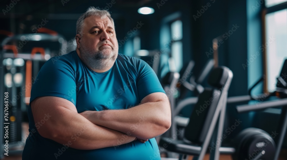 An overweight senior man in the gym preparing to play sports, the concept of an active life in any age, taking care of the body and building a relationship with weight