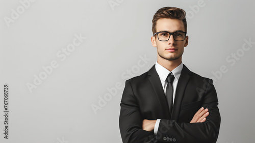 Young professional man wearing glasses and a suit standing with arms crossed. photo