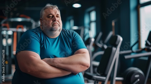 An overweight senior man in the gym preparing to play sports, the concept of an active life in any age, taking care of the body and building a relationship with weight