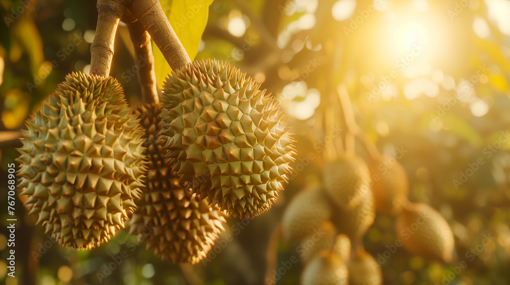 Durian fruit on the tree. Tropical fruit - obrazy, fototapety, plakaty 