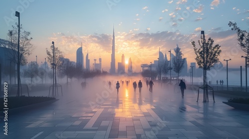 A group of people walk down a city street on a foggy day. The sun is setting in the background, casting a warm glow over the scene. The atmosphere is calm and peaceful