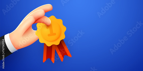 3D hand holds first place medal. Winner and champion concept.