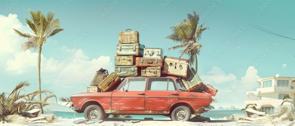 Traveling by red car with pile of luggage bags on roof near beach with palm trees. Flat cartoon modern illustration. Car front view with stack of suitcases.