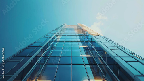 Modern office building with blue sky, and glass facades. Bottom up view