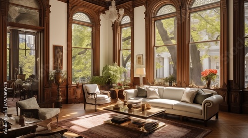 Historic brownstone with intricate moldings large windows and high ceilings.