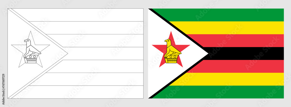 Zimbabwe flag - coloring page. Set of white wireframe thin black outline flag and original colored flag.