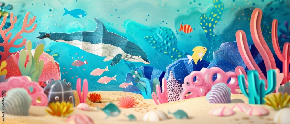 Marine life on sea bottom with ankor on sand. Hand drawn flat cartoon background. Underwater world. Illustration of Undersea Landscape. - obrazy, fototapety, plakaty 
