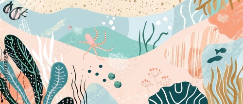 Sea inhabitants including octopus, whales, fish, crab and algae. Marine life on the sea bottom on sand with ankor on top. Illustration of an underwater landscape.