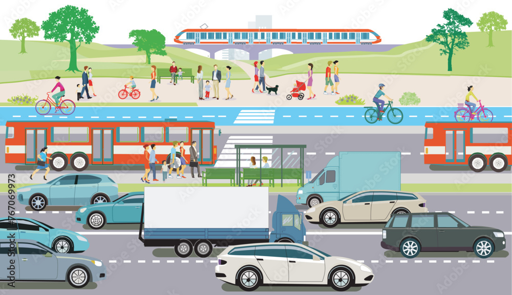 Stadtbus und Fußgänger im Ort, Illustration