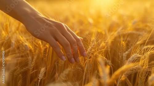 Woman s hand slide threw ears of wheat in sunset light