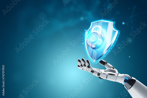 Artificial intelligence, robot, shield and lock with fingerprint hologram, fingerprint scanner. Data protection, cyber security, information security, data privacy. Mixed media.