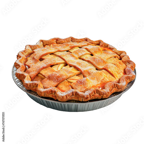 American apple pie baked with aluminum container on a cutout PNG transparent background