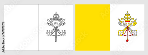 Vatican City flag - coloring page. Set of white wireframe thin black outline flag and original colored flag.