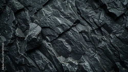 Dark Aged Shabby Cliff Face And Divided By Huge Cracks And Layers. Coarse, Rough Gray Stone Or Rock Texture Of Mountains, Background And Copy Space For Text On Theme Geology And Mountaineering.