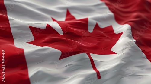 A flag of Canada blowing in the wind with a close up of the maple leaf. The flag is a symbol of Canada and its people.
