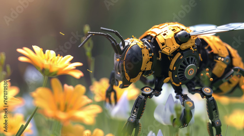 Robot bee sitting on a flower collection nectar and pollen to save the environment