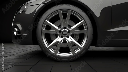 Close-up of a black luxury car's wheel. The car is parked on a reflective surface, and the wheel is gleaming in the light.