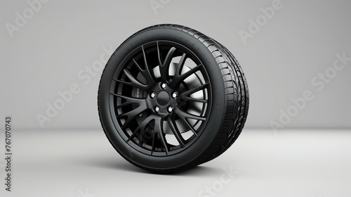 3D rendering of a black alloy wheel with a tire. The wheel is facing at a slight angle.