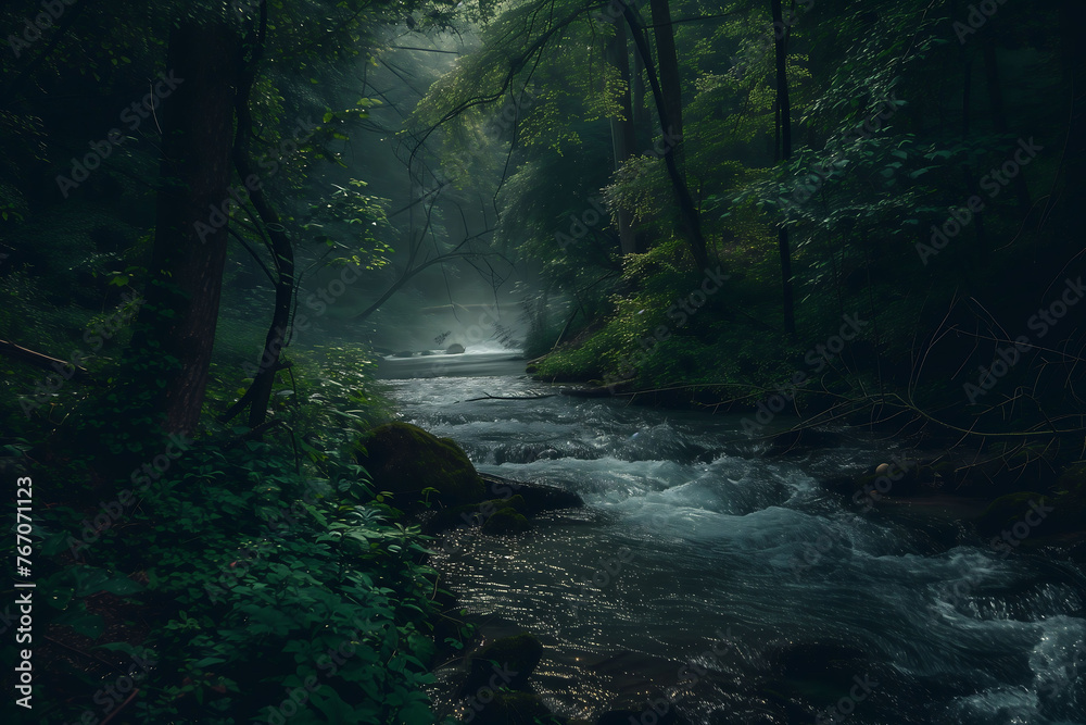 Misty River Flowing Through a Serene Forest