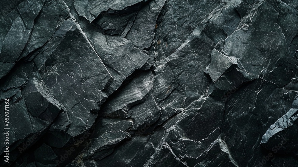 Dark Aged Shabby Cliff Face And Divided By Huge Cracks And Layers. Coarse, Rough Gray Stone Or Rock Texture Of Mountains, Background And Copy Space For Text On Theme Geology And Mountaineering. - obrazy, fototapety, plakaty 
